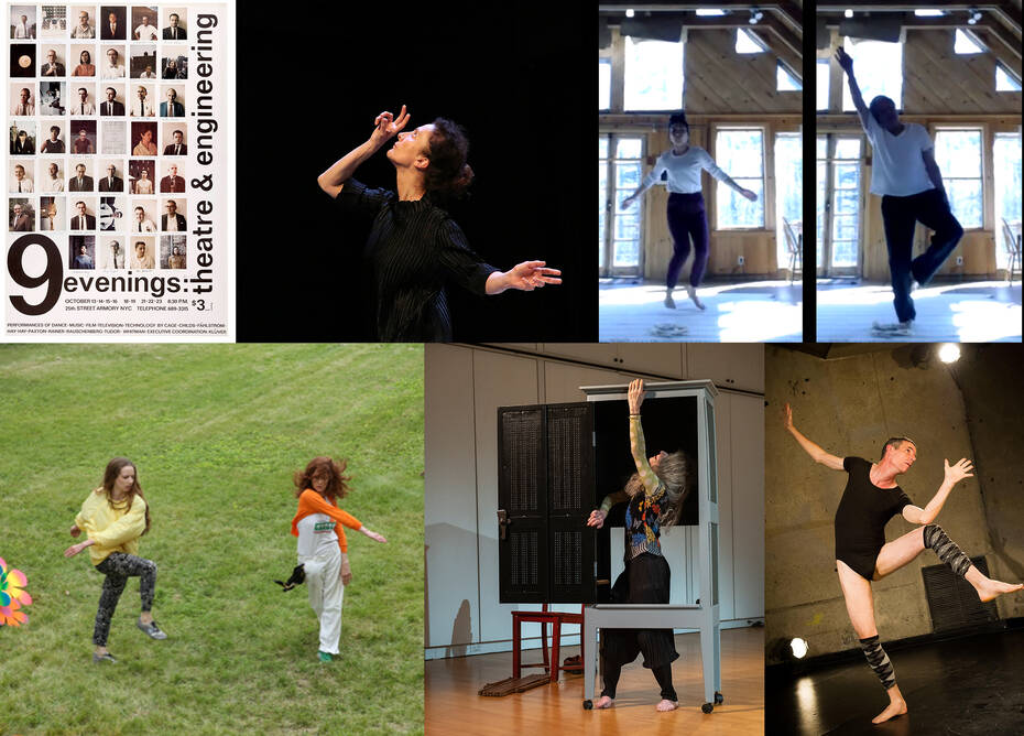 Images clockwise from top left: 9 Evenings poster designed by Robert Rauschenberg, signed by all participants © Robert Rauschenberg Foundation / Licensed by VAGA, NYC; Anat Shamgar by Natasha Shakhnes; Sakura Shimada and Daniel Lepkoff Zoom recording edited by Lepkoff; Scott Heron by B. Florin; Maya Lee-Parritz and Jodie Melnick by Doris Reyes; Cathy Weis by Anja Hitzenberger