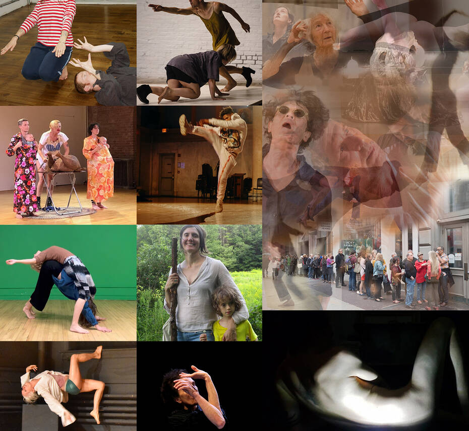 Top row L to R: Jade Manns courtesy of the artist; Iris McCloughan & Jessie Young by Elyse Mertz; collage by CW. Second row L to R: Factress with Dance Explosion! by Lori E. Seid; Malcolm-x Betts. Third row L to R: Jo McKendry courtesy of the artist; Juliette Mapp & son. Bottom row L to R: K.J. Holmes by Peter Raper; Anat Shamgar by Natasha Shakhnes; dustin maxwell courtesy of the artist.