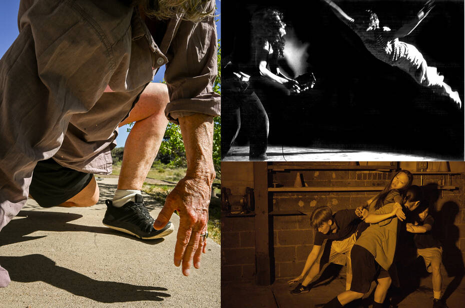 Images clockwise from left: Jennifer Monson by Valeria Oliveiro; Cathy Weis and Jennifer Monson by Dona Ann McAdams; "Team Name (2023)" by Isa Spector with Bobbi Salvör Menuez, Iliana Penichet-Ramirez, Reed Rushes, Kate Williams, Photo by Justin Scheer
