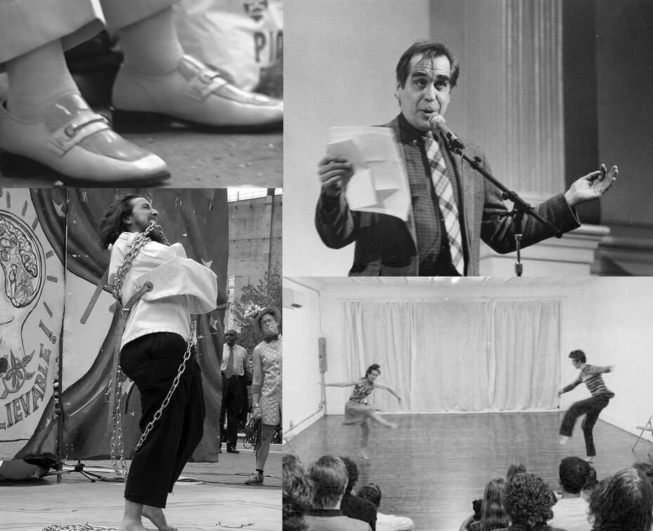 Images clockwise from top left: Still from video by CW; Jim at Poetry Project New Years Marathon, Photo by Jacob Burckhardt, St. Mark’s Church, 1/1/1992; Owen Prum by Kayhl Cooper; Jennifer Miller