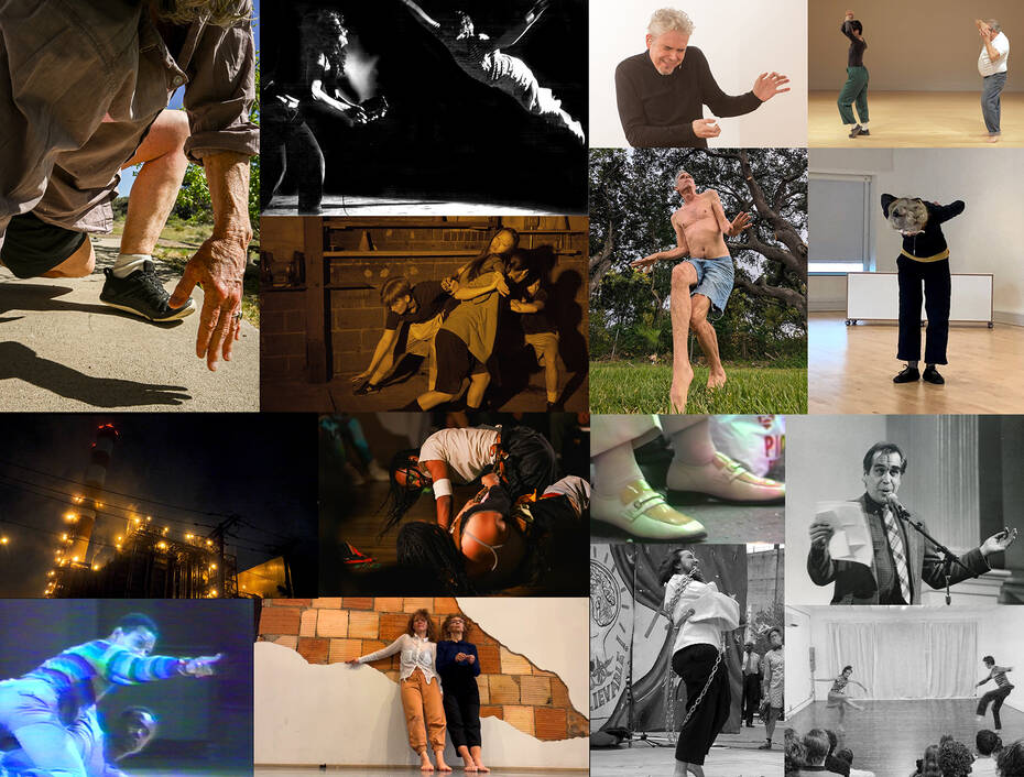 Images clockwise from left: Jennifer Monson by Valeria Oliveiro; Cathy Weis and Jennifer Monson by Dona Ann McAdams; Paul J. Botelho by Michael Bersin; Cherrie Yu's "Trio A Translation Project" photo by Ji Yang; Deborah Hay (2018); Jim at Poetry Project New Years Marathon, Photo by Jacob Burckhardt, St. Mark’s Church, 1/1/1992; Owen Prum by Kayhl Cooper; Jennifer Miller; Marilyn Maywald Yahel & Vicky Shick image courtesy of the artists; Ishmael Houston-Jones & Fred Holland still from video by Cathy Weis; Port of Newark by Jacob Burckhardt; "Team Name (2023)" by Isa Spector with Bobbi Salvör Menuez, Iliana Penichet-Ramirez, Reed Rushes, Kate Williams, Photo by Justin Scheer; Scott Heron photo courtesy of the artist; Still from video by Weis; Aminah Ibrahim & Reason Wade by Alex Munro.