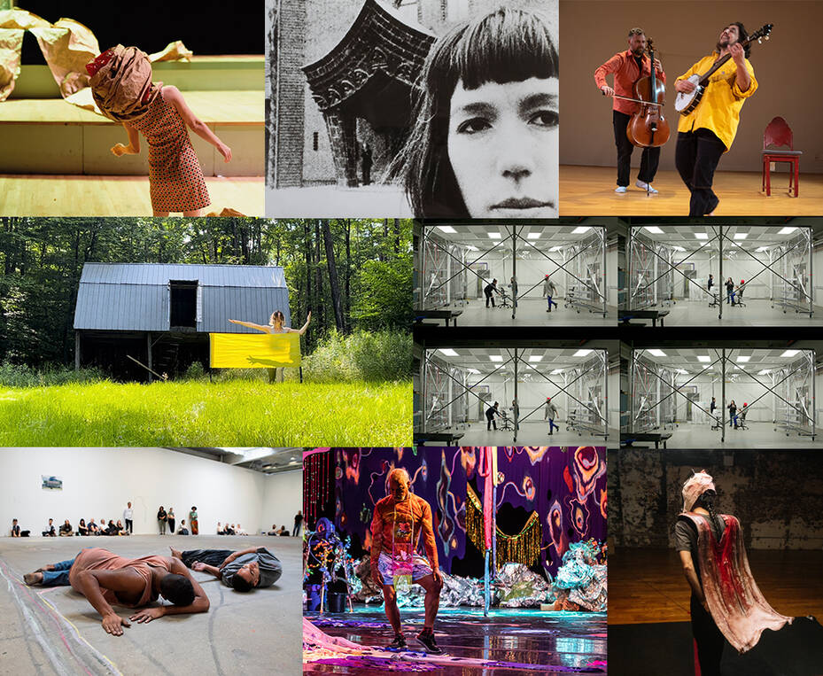 Top row L to R: Nami Yamamoto by Ryutaro Mishima; Still from Journeys From Berlin/1971 by Yvonne Rainer; Ethan Philbrick & Jennifer Miller by Anja Hitzenberger. Middle row L to R: Emma Judkins photo courtesy of the artist; Still from Invisible Universe by Emily Coates. Bottom row L to R: Jonathan Gonzalez's De La Prefence Du Corps, David Zwirner Gallery; Ishmael Houston-Jones by Robbie Sweeney; IV Castellanos by Jeremy Dennis.