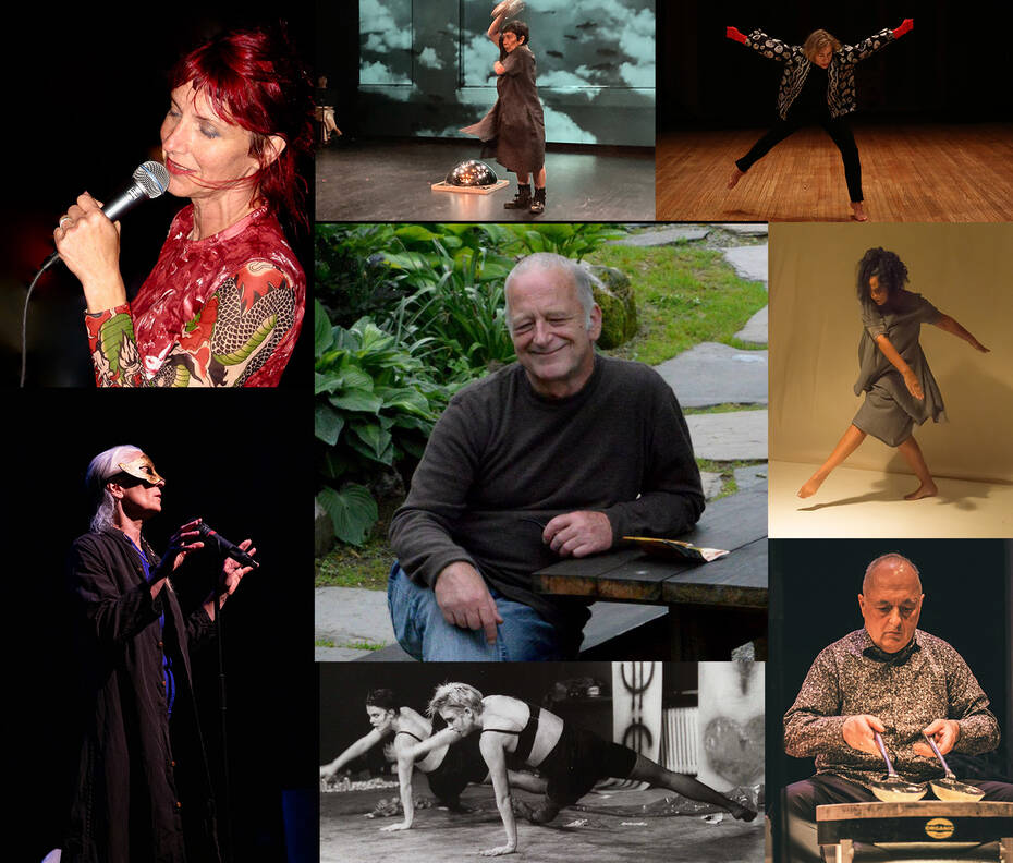 Images clockwise from top L corner: Mimi Goese courtesy of the artist; Yoshiko Chuma photo by Nicky Paraiso; Sally Silvers by Paula Court; Gabri Christa from "Magdalena" photo by Kevin Yatarola1; Fast Forward performing at Roulette Brooklyn 2023 photo by Daniel Fram; DANCENOISE Anne Iobst and Lucy Sexton 1988; 900 Bees are Humming by K.J. Holmes, photos by Elyse Mertz courtesy of New Dance Alliance. Center image: Aat Hougée image courtesy of the family.