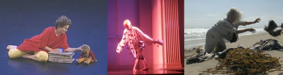 Images L to R: Simone Forti News Animation, Dance Theatre Workshop, 1988 Image courtesy of the artist and The Box,LA; K.J. Holmes performing Pinecones at the Danspace Gala 2019 honoring Simone Forti, photo by Ian Douglas; Screencapture of Simone Forti Zuma News, 2013 Camera by Jason Underhill Image courtesy of the artist and The Box, LA