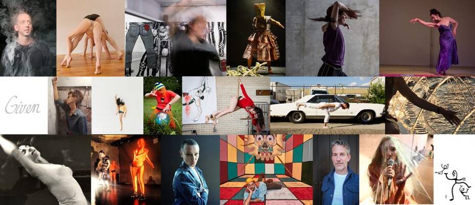 Photos: top row - John Jasperse by Alex Escalante; Athena Malloy & Connor Voss by Marcus Morris; Jon Kinzel by Christine Regan; Edisa Weeks by JD Malone; Jimena Paz by Baranova; Jennifer Miller by Anja Hitzenberger/middle row - "Given" by Wally Cardona; Vicky Shick by Alan Mandell; Ambika Raina by Yekaterina Gyadu; EllenFisher by Ben Stechschulte; Magda San Millan by John C. Hawthorne; Stuart Shugg by Satoshi Tsuchiyama; Carolyn Hall by Kelly AuCoin/bottom row - Aileen Passloff by Robert Farren; Lucy Sexton by Lori E. Seid; Christen Clifford by Baranova; Gregory Corbino; Mike Albo by Ali Levin Photography; Keely Garfield by Paula Court; "Shorties" by CW