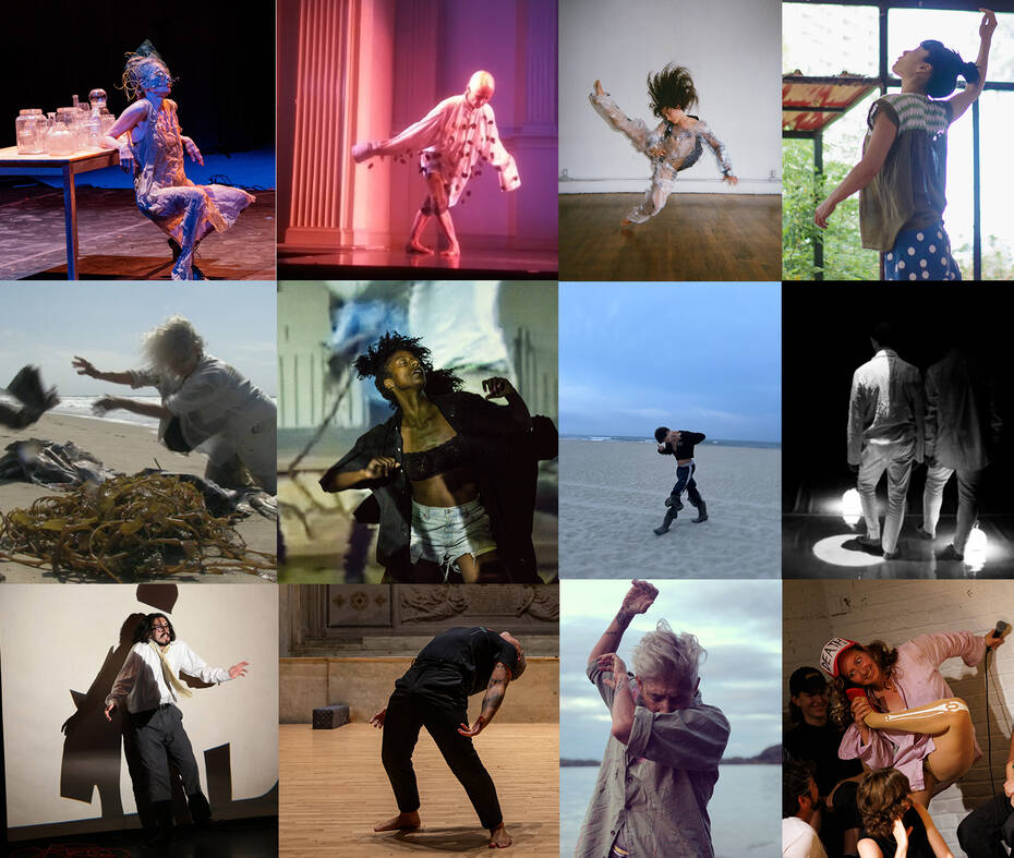 Top row L to R: Jodi Melnick by Dean Villarini; K.J. Holmes performing Pinecones at the Danspace Gala 2019 honoring Simone Forti, photo by Ian Douglas; Amelia Heintzelman by Carolyne Loree Teston; Sakura Shimada by Nikolas Aud. Middle row L to R: Screencapture of Simone Forti Zuma News, 2013 Camera by Jason Underhill Image courtesy of the artist and The Box, LA; Marguerite Hemmings by ScottShaw; Lysis by Peter Avila; Luis A. Lara Malvacías and Jeremy Nelson by Laura Fuchs. Bottow row L to R: Jonathan Matthews-Guzmán by Philippa Fort; Fabio Tavares by Rachel Keane; Sondra Loring by Kelly Kamm; Alex Tatarsky by Maria_Baranova.