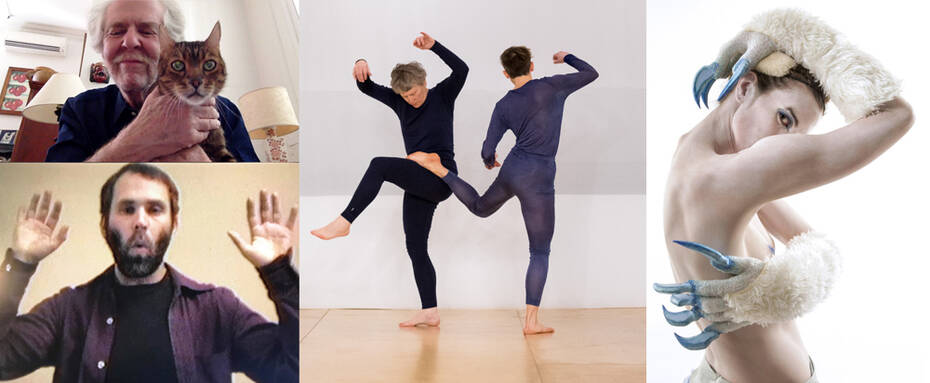 Left: Davidson Gigliotti and Leo (top) and Stuart Sherman (bottom), stills from video by Davidson Gigliotti; Jennifer Monson and Mauriah Kraker, photo by Ian Douglas; Right: Christopher Williams, photo by Andrew Jordan